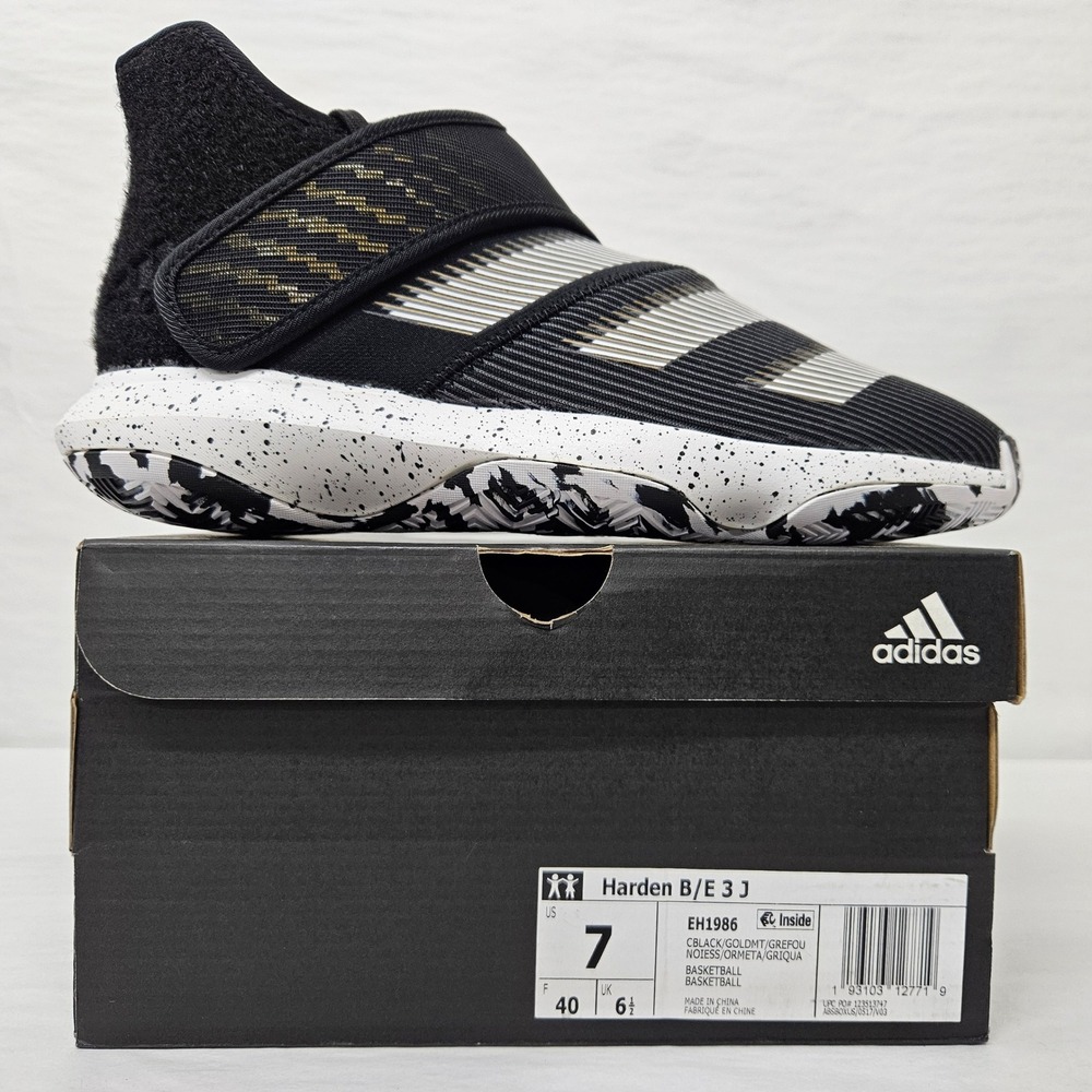 Adidas Harden B/E 3 J Basketball Shoes EH1986 Black White Gold‎ Kids Size 7